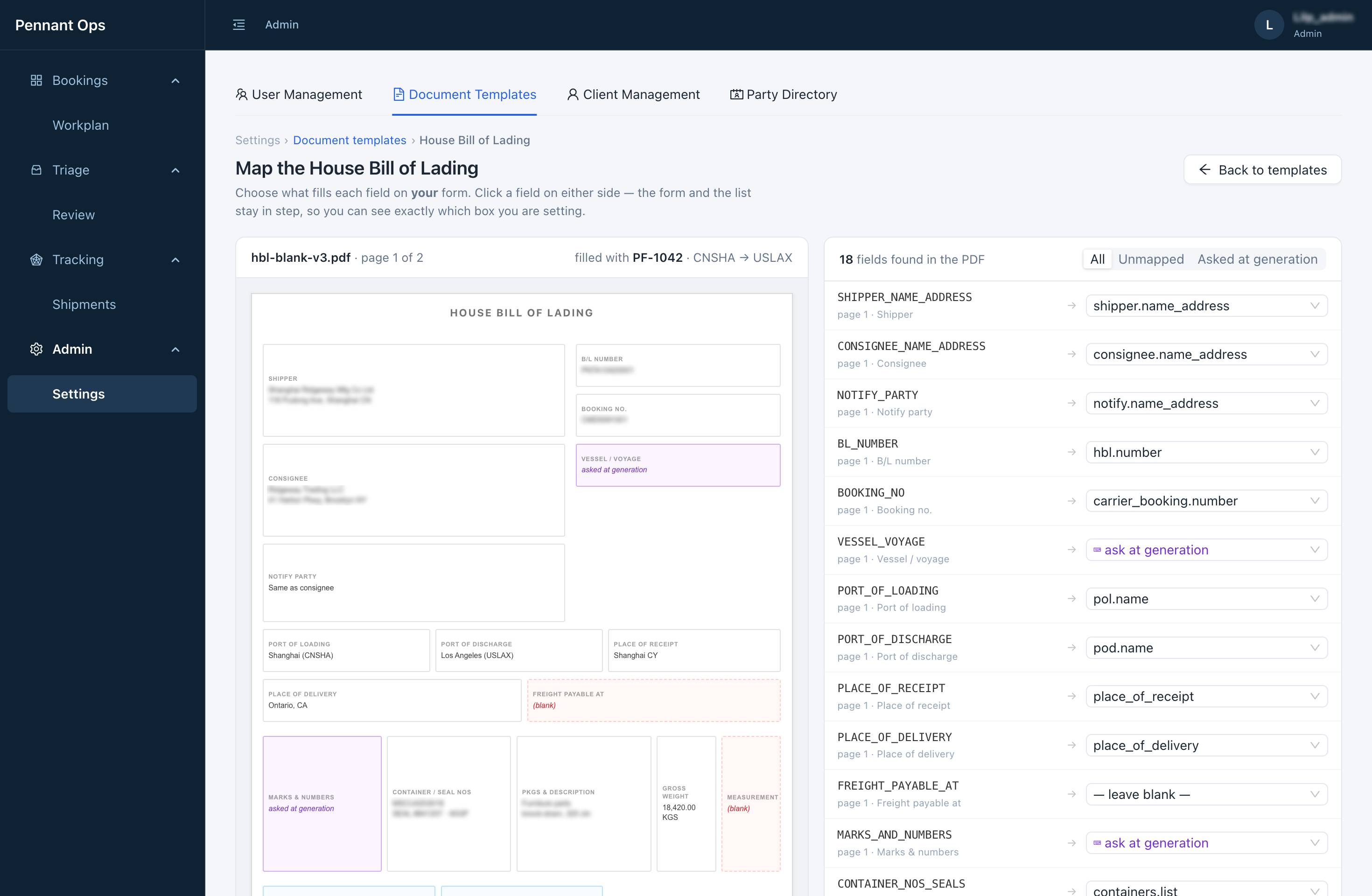 Document template library — S/O, HBL and pre-alert templates