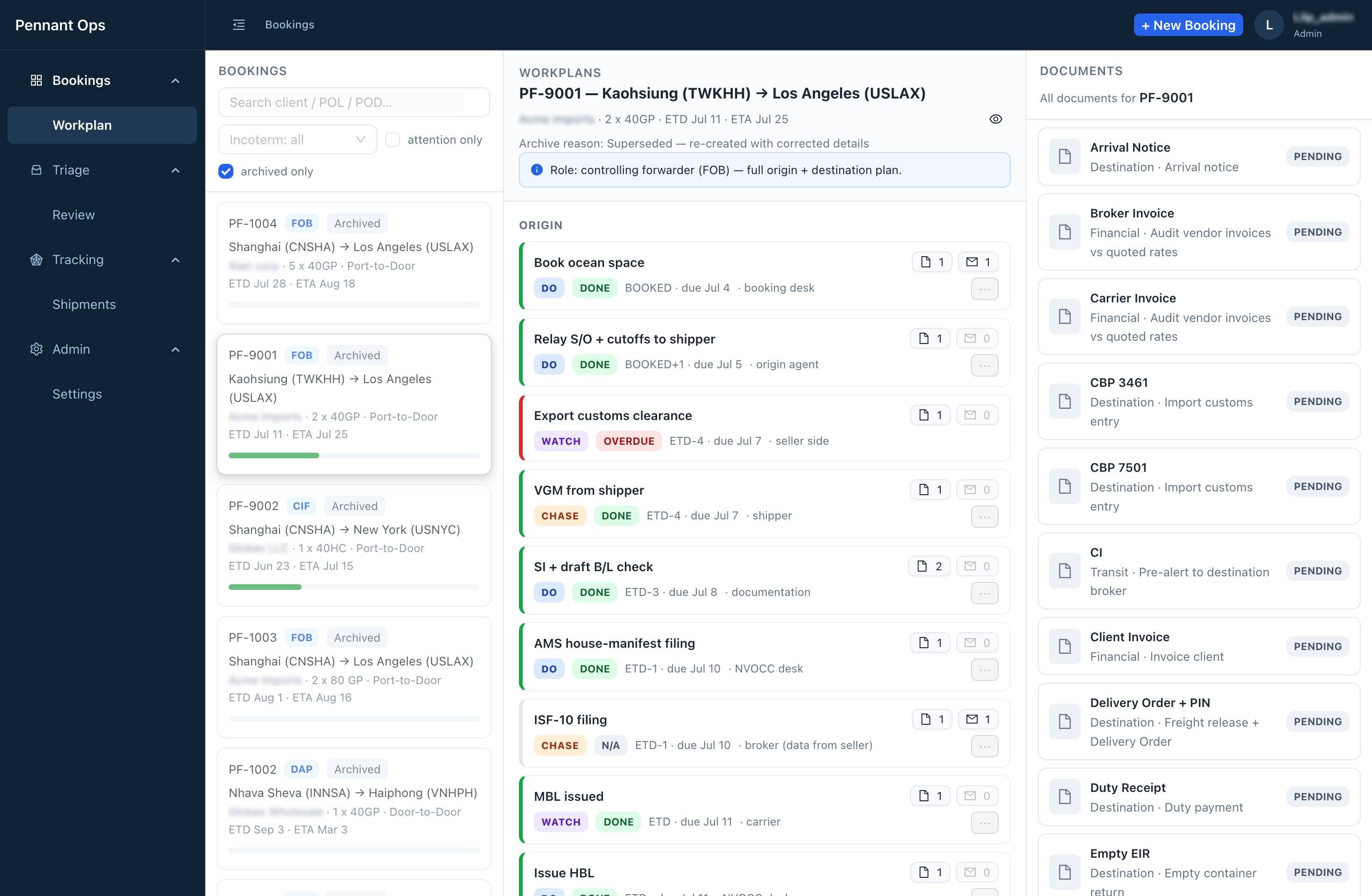 Pennant shipment task plan dashboard